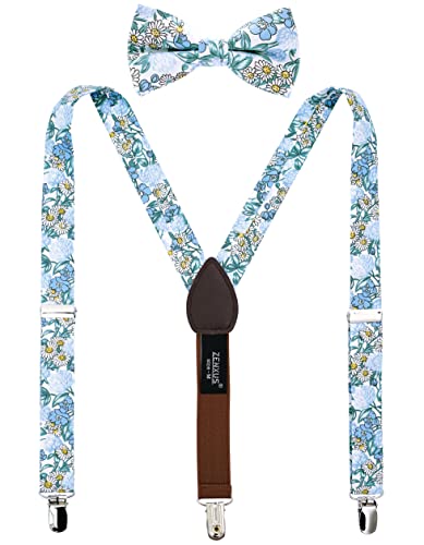 ZENXUS Hosenträger aus Baumwolle mit Blumenmuster und vorgebundener Fliege, Größen von Kleinkindern bis Jugendlichen, 04, Large - (12+ yrs.,＜5.75 ft) von ZENXUS