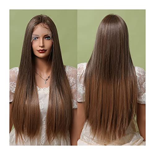 Gewellte Spitzenperücken Braune Lace Front Perücken Hitzebeständige lang gerader synthetische Perücke for Frauen Seide weiche Spitze Frontal Synthetische Perücke, 150% Dichte Natürliche synthetische P von ZENY896V