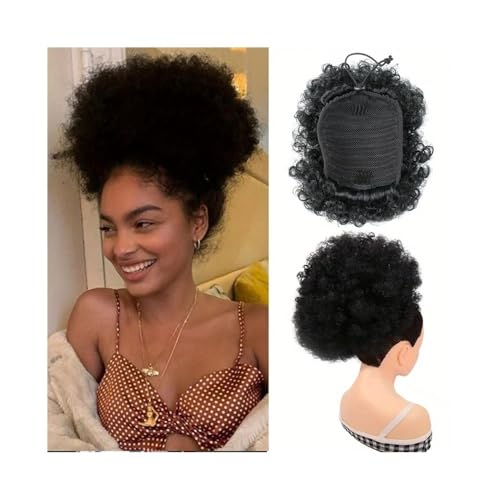 Haarteil Mit Gummiband 1 Stück Afro Puff Kordelzug Pferdeschwanzverlängerung for schwarze Frauen Clip in synthetische Afro Curly Bun Haarteile Unordentliches Haarteil(10inch-1B) von ZENY896V