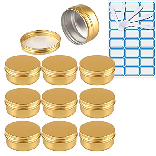 ZEOABSY 10 Stück 50ml Gold Aluminium Leer Döschen Runde Alu Dosen mit Schraubdeckel Cremedose Schraubdose Aludose Tins für Kosmetik Kerze Salben 5x Spatel, 1x Etikette von ZEOABSY