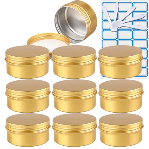 ZEOABSY 10 Stück 80ml Gold Aluminium Leer Döschen Runde Alu Dosen mit Schraubdeckel Cremedose Schraubdose Aludose Tins für Kosmetik Kerze Salben 5X Spatel, 1x Etikette von ZEOABSY