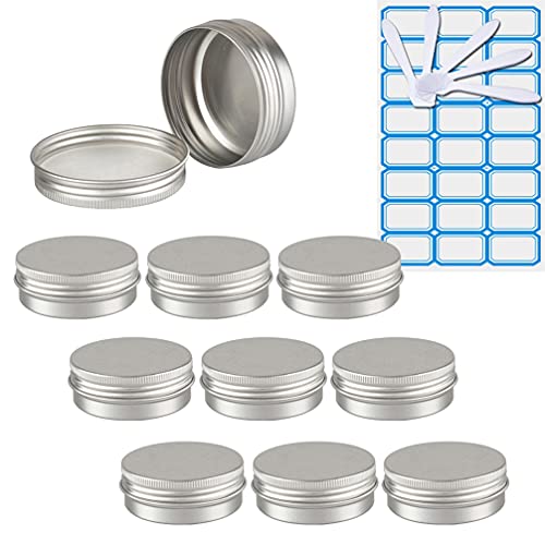 ZEOABSY 10 Stück Leere 40 ml Rund Silber Aluminium Tins mit Schraub-Deckel Schraubdose Cremedose Alu-Tiegel Dosen Aludose Blechdosen für Kosmetik Kerze Salben 5X Spatel, 1x Etikette von ZEOABSY