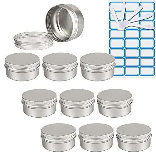 ZEOABSY 10 Stück Leere 80 ml Rund Silber Aluminium Tins mit Schraub-Deckel Schraubdose Cremedose Alu-Tiegel Dosen Aludose Blechdosen für Kosmetik Kerze Salben 5X Spatel, 1x Etikette von ZEOABSY