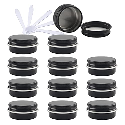 ZEOABSY 12 Stück 10ml Glanz Schwarz Aluminium Leer Dosen mit Schraubdeckel Runde Alu Tiegel Cremedose Schraubdose Aludose Tins für Kosmetik Kerze Salben 6X Spatel von ZEOABSY