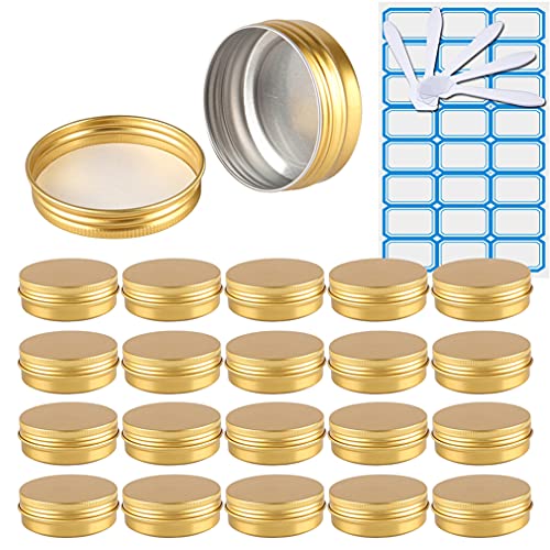 ZEOABSY 20 Stück 60ml Gold Aluminium Leer Döschen Runde Alu Dosen mit Schraubdeckel Cremedose Schraubdose Aludose Tins für Kosmetik Kerze Salben 5X Spatel, 1x Etikette von ZEOABSY