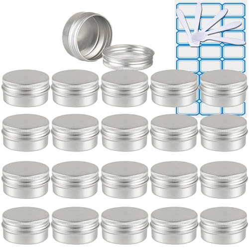 ZEOABSY 20 Stück Leere 30 ml Rund Silber Aluminium Tins mit Schraub-Deckel Schraubdose Cremedose Alu-Tiegel Dosen Aludose Blechdosen für Kosmetik Kerze Salben 5X Spatel, 1x Etikette von ZEOABSY