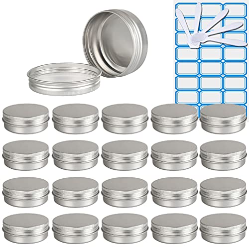 ZEOABSY 20 Stück Leere 60 ml Rund Silber Aluminium Tins mit Schraub-Deckel Schraubdose Cremedose Alu-Tiegel Dosen Aludose Blechdosen für Kosmetik Kerze Salben 5X Spatel, 1x Etikette von ZEOABSY