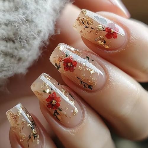 24 quadratische Nägel zum Aufdrücken, glänzende Designs, französische künstliche Acryl-Klebstoffe, für Damen, Sarg, Mandel, französische Spitze von ZEPFJHE