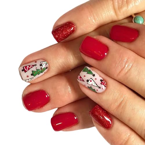 Full Covers Stick On Nails Glittering Press On Nails Christmas Tree False Short Square Artificial Christmas Tree False Glittering Press Short Artificial von ZEPFJHE