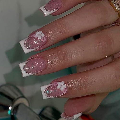 Künstliche Nägel, quadratisch, zum Aufdrücken, mit bunten Blumenklebern, französische Spitzen, Acrylkleber für Damen, transparent, 24 Stück von ZEPFJHE