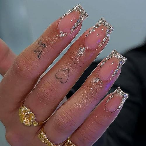 Künstliche Nägel aus Acryl mit Strasssteinen, Ornament, französische Spitzen, Maniküre-Zubehör für Mädchen, 24 Stück von ZEPFJHE