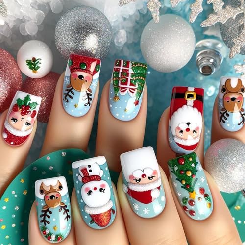 Künstliche Nägel zum Aufdrücken, Schneemann, schöne Elche, volle Abdeckung, zum Aufkleben auf Weihnachtsmann, für Damen, Elch, Weihnachten, volle Abdeckung, Stick, Schneemannpresse von ZEPFJHE