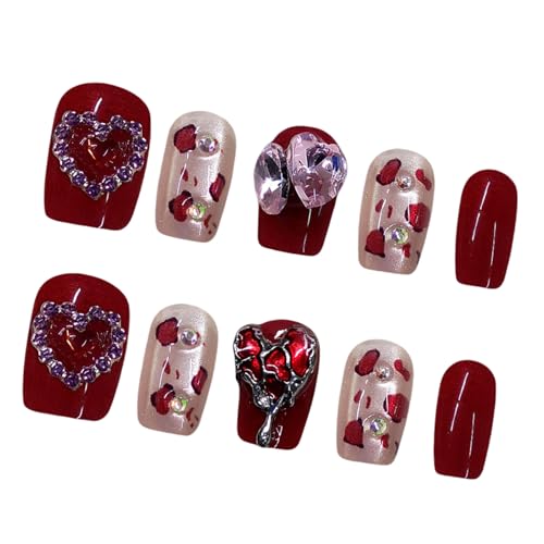 Kunstnägel mit französischer Spitze, kurz, quadratisch, glänzend, mit Herzmotiv, Tierdruck und Strasssteinen, für Damen, 30 Stück Kunstnägel mit französischer Spitze, kurz, quadratisch, glänzend, mit Herzmotiv, Tierdruck und Strasssteinen, für Damen, 30 Stück von ZEPFJHE