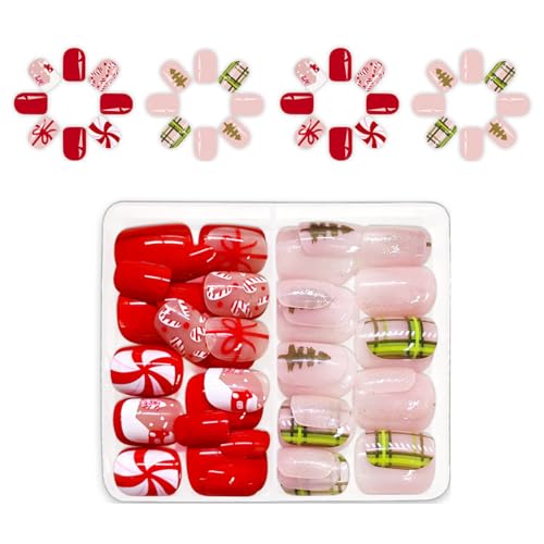Kurze quadratische künstliche Nägel mit Weihnachtsbaum, Weihnachten, zum Aufdrücken der Nägel, Streifen, volle Abdeckung, zum Aufkleben, für Frauen und Mädchen, drücken Sie volle Abdeckung Stick kurz von ZEPFJHE