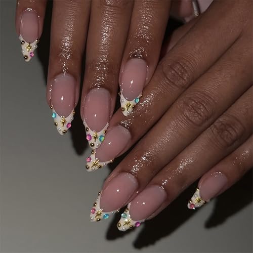 Nägel zum Aufkleben mit Glitzer, französischen Spitzen und bunten Strasssteinen, Mandelkunst für Frauen, Nagelkunst für Frauen, 24 Stück von ZEPFJHE