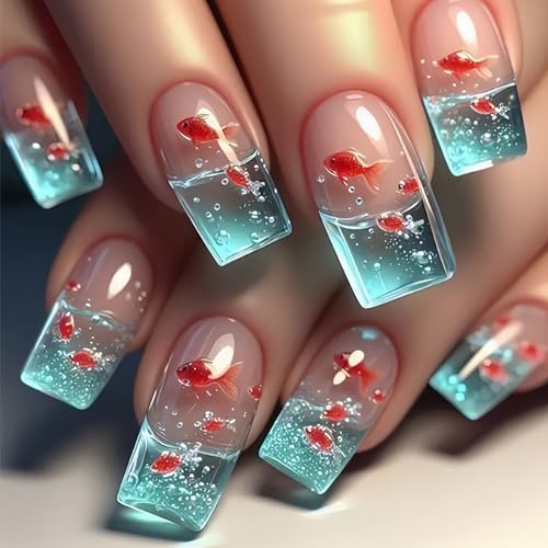 Press on Nails Quadratische Kunstnägel mit Fisch-Designs, schöne glänzende Kunstnägel für Damen und Mädchen von ZEPFJHE