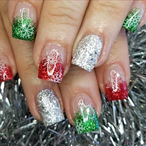 Weihnachten Full Covers Stick On Nails Snowflake Press On Nails Short Square False Artificial For Winter Christmas False Short Square Press Full Cover Stick von ZEPFJHE