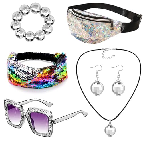 ZEPFJHE 1960er 1970er 80er Jahre Diskotheken Zubehör Damen Fasching Kostüm Discos Set Ohrringe Sonnenbrille Pailletten Stirnband Halskette Rockstars Coole Outfits von ZEPFJHE