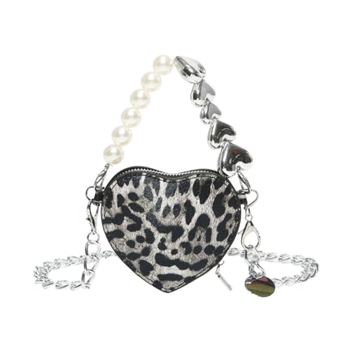 ZEPFJHE Damen Leopardenmuster PU Schultertasche Herz Designs Crossbody Taschen Abendhandtasche mit Kette für stilvollen Look Casual Reise Geldbörse, Schwarz , One Size von ZEPFJHE