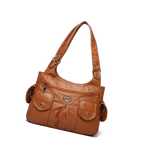 ZEPFJHE Damen Punk Nieten Nieten Schultertasche Büro Handtasche Retro PU Leder Unterarmtaschen Satchel Multi Pocket Designs PU Leder Satchel, braun, Einheitsgröße von ZEPFJHE