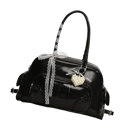 ZEPFJHE Damen Umhängetasche mit Schleifen und Spitzendetail PU Leder Handtasche Mode Achseltaschen für den täglichen Gebrauch Große Kapazität Handtasche, Schwarz , One Size von ZEPFJHE