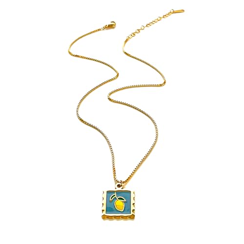 ZEPFJHE Einzigartiger quadratischer Anhänger Halskette Kirschen / Erdbeere / Zitrone Charm Halskette handgefertigt Hals Accessoire für trendige Outfits leichte modische Halskette, Einheitsgröße, Wie von ZEPFJHE