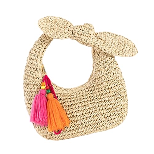 ZEPFJHE Elegante Stroh-Geldbörse mit Schleifengriff, leichte Urlaubs-Handtasche für Hochzeiten, Strandpartys und Abendveranstaltungen, aprikose, Blue von ZEPFJHE