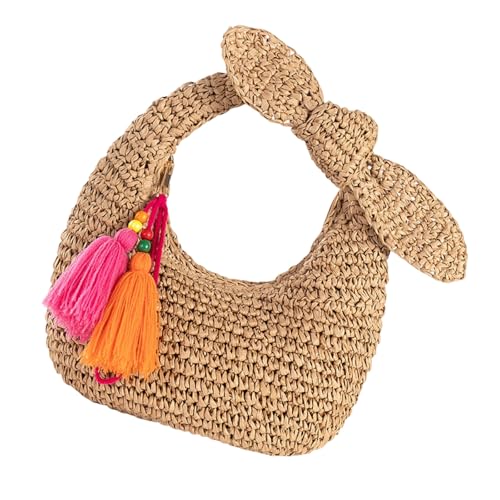 ZEPFJHE Gewebte Handtasche mit dekorativen Schleifen, Tragegriff oben, für Abendveranstaltungen, Reisezubehör und den täglichen Gebrauch, freundliche gewebte Stroh-Geldbörse, aprikose, One Size von ZEPFJHE