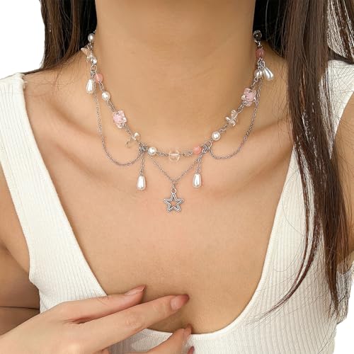 ZEPFJHE Mehrschichtige Halskette mit Stern-Anhänger, Halskette mit Kunstperlen, verstellbare Länge, Schmuck für Damen und Herren, Punk-Halskette für Damen und Herren, Einheitsgröße, Wie beschrieben von ZEPFJHE