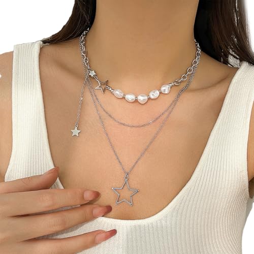 ZEPFJHE Mehrschichtige Halskette mit Stern-Anhänger, Halskette mit Kunstperlen, verstellbare Länge, Schmuck für Damen und Herren, Punk-Halskette für Damen und Herren, Einheitsgröße, Wie beschrieben von ZEPFJHE