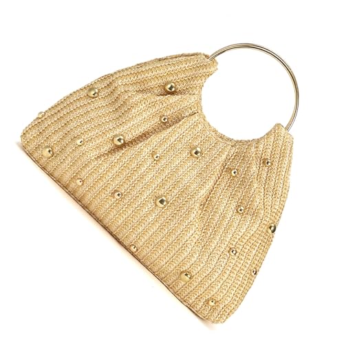 ZEPFJHE Moderne Strohtasche mit rundem Griff und Perlenverzierungen und geräumigem Fach, lässige Handtasche für Damen und Mädchen, PP-Rundgriff, lässige Handtasche von ZEPFJHE