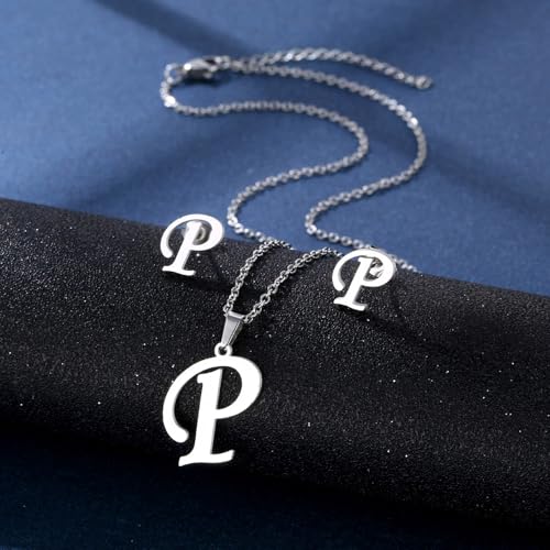 ZEPFJHE Modische Edelstahl-Halskette mit Buchstaben-Anhänger, einzigartige Ohrstecker, Unisex-Anhänger, geeignet zum Hinzufügen von Charms, Silberbuchstaben und Ohrringen, Einheitsgröße, Wie von ZEPFJHE