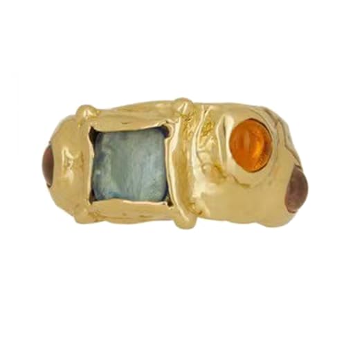 ZEPFJHE Modischer Damenring in Goldfarbe mit mehrfarbigen Strasssteinen und unregelmäßigen Designs, einzigartiges Ring-Accessoire, hochwertiger Kupferschmuck, lake blue, Wie beschrieben, Wie von ZEPFJHE