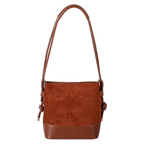 ZEPFJHE Praktische Suedes Umhängetasche Retro Eimer Taschen Mit PU Detail Bequemer Unterarmtasche Alltag Verwenden PU Trimm Suedes Eimerbeutel von ZEPFJHE