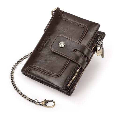 ZEPFJHE Secure Herren Kurze Geldbörse mit mehreren Fächern und Doppelreißverschlüssen Münzbeutel PU Leder Kette Geldbörse Geldbörse, coffee von ZEPFJHE