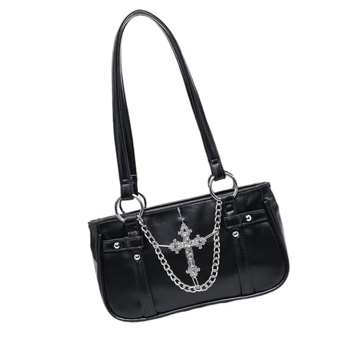 ZEPFJHE Stilvolle Achsel-Handtasche mit Kettendetail, Schultertasche, modische Unterarmtaschen für Trendsetter und Musikfestivals, Gothic-Mode-Handtasche, Schwarz , One Size von ZEPFJHE