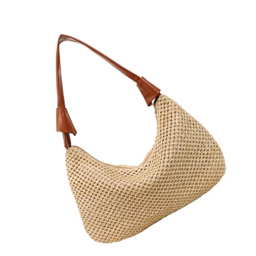 ZEPFJHE Stilvolle gewebte Strohtasche für Strandreisen, leicht, mit Tragegriff oben, atmungsaktiv, Handtasche mit farbblockierendem Design, Schwarz von ZEPFJHE