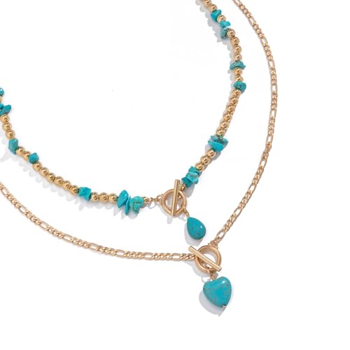 ZEPFJHE Türkisfarbenes Halsketten-Set mit verstellbarer Kette, modischer mehrlagiger Choker-Schmuck, trendiges Accessoire für Damen und Mädchen, Statement-Halskette, Einheitsgröße, Wie beschrieben von ZEPFJHE