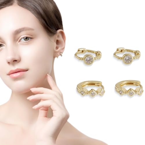 ZEPIQOR 2 Paa Ohrringe Gold Set Damen Vergoldete Silber Klein Creolen Ohrstecker Hängend Ohrringe mit Zirkonia Wasserfest Hypoallergen Goldene Stecker Mehrere Piercings Schmuck für Frauen von ZEPIQOR