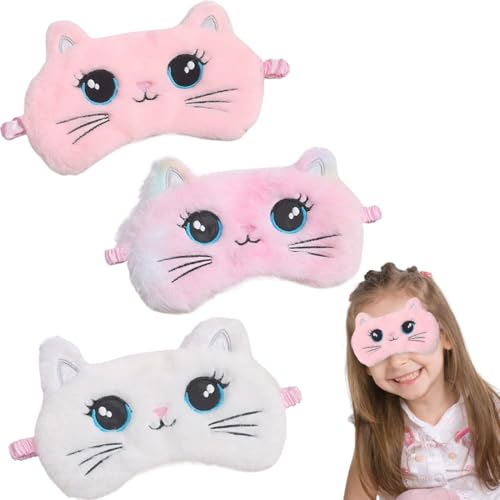 ZEPIQOR 2 Stück Schlafmaske für Kinder Weiche Augenbinde für Plüsch Schlafaugenabdeckung Süßer Tier Schlafaugenschutz für Mädchen Jungen Reisen Nickerchen Partyzubehör (Rosa Weißer Katzen Stil) von ZEPIQOR