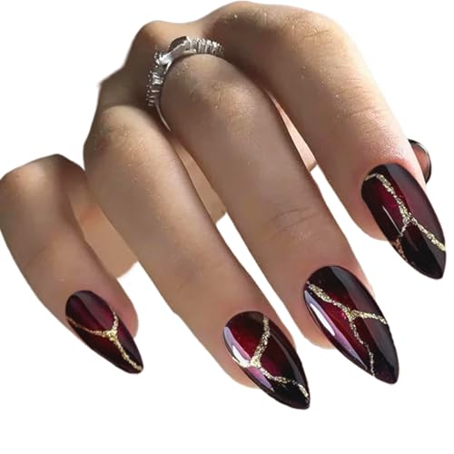 ZEPIQOR 24 pcs Rote schwarze Nägel zum Aufdrücken, press on nails, mandelförmig, künstliche Nägel mit goldenem, geschwungenem Liniendesign mit Klebestift auf den Nägeln von ZEPIQOR