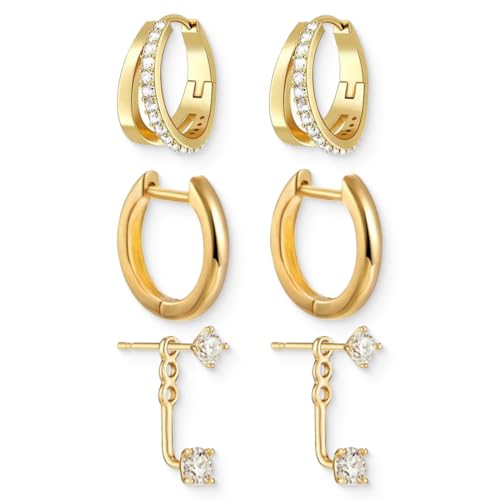 ZEPIQOR 3 Paar Ohrringe Silber 925 Set für Damen 14K Vergoldet Kleine Ohrstecker Silber 925 Stapelbar Zirkonia Helix Piercings Ohr Gold Ohrstecker Creolen Ohrringe Set für Mehrere Piercings von ZEPIQOR