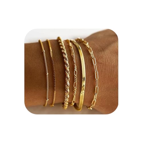 ZEPIQOR 6Pcs Armband Damen Gold, Armband Damen Edelstahl Ketten Armbänder Set,Vergoldet Armbander Twist Schlange Armkette Damen, Verstellbar Armband für Damen Frauen von ZEPIQOR