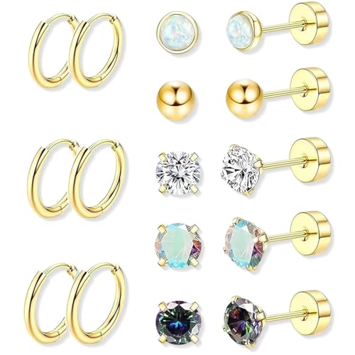 ZEPIQOR 8 Paar Ohrring Set, 316L Chirurgenstahl Ohrringe, 14K Gold ohrringe gold, plattiert Cubic Zirkonia Runde Ohrstecker, Hypoallergene Knorpel Huggie Hoop Ohrringe, Mehrfach-Piercing von ZEPIQOR
