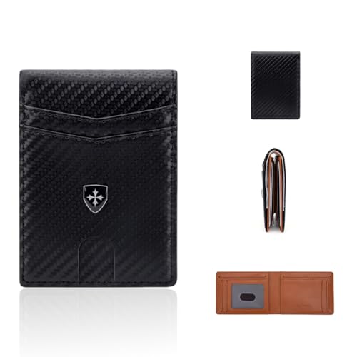ZEPIQOR Geldbörse Herren Slim Wallet RFID Blocking Kohlefaserleder Portmonee Herren mit 11 Kartenetui, Ausweisfenster, Geldscheinklammer, Minimalistischer Geldbeutel Herren mit Geschenkbox - Schwarz von ZEPIQOR