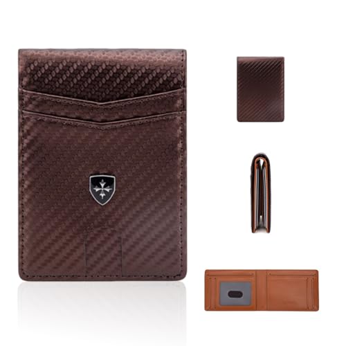 ZEPIQOR Geldbörse Herren Slim Wallet RFID Blocking Kohlefaserleder Portmonee Herren mit 11 Kartenetui, Ausweisfenster, Geldscheinklammer, Minimalistischer Geldbeutel Herren mit Geschenkbox - braun von ZEPIQOR