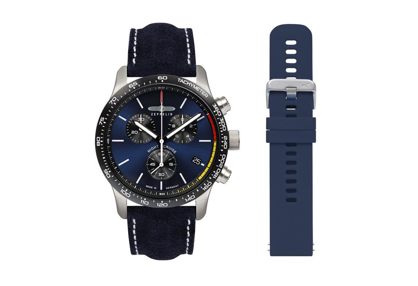 ZEPPELIN Chronograph Night Cruise 7288-3_set, (Set, 2-tlg., Mit zusätzlichem Silikonarmband), Quarzuhr, Armbanduhr, Herrenuhr, Made in Germany, Lederarmband von ZEPPELIN