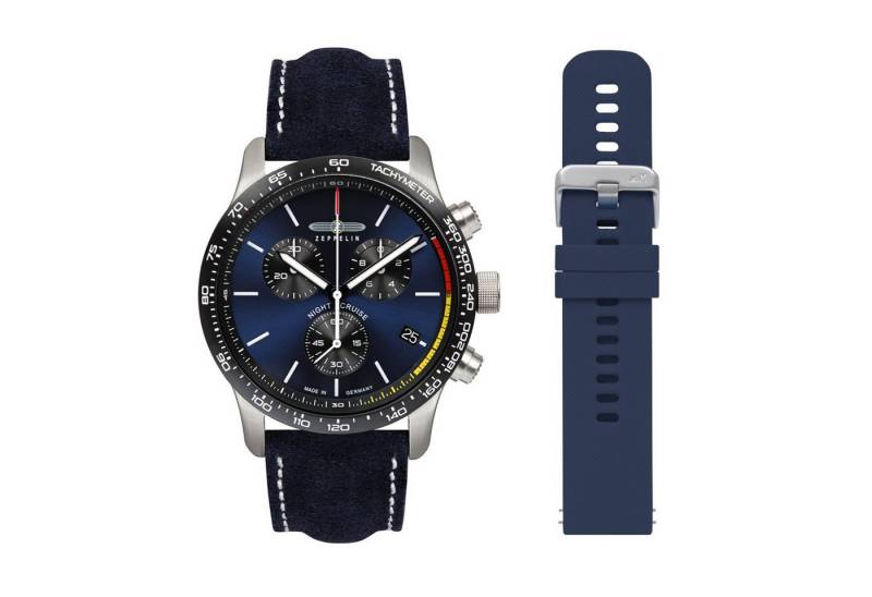 ZEPPELIN Chronograph Night Cruise 7288-3_set, (Set, 2-tlg., Mit zusätzlichem Silikonarmband), Quarzuhr, Armbanduhr, Herrenuhr, Made in Germany, Lederarmband von ZEPPELIN
