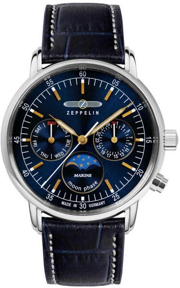 ZEPPELIN Multifunktionsuhr LZ 14 Marine Moonphase 8635-3, Quarzuhr, Damen, Datum, Mondphase, Lederarmband, Made in Germany von ZEPPELIN