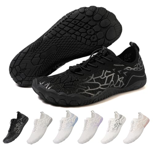 ZEPYFXIT Barfußschuhe Damen Herren Wasserschuhe Schnell Trocknend Badeschuhe Schwimmschuhe Surfschuhe Aquaschuhe rutschfeste Fitnessschuhe Strandschuhe Zehenschuhe(Schwarz,46 EU) von ZEPYFXIT